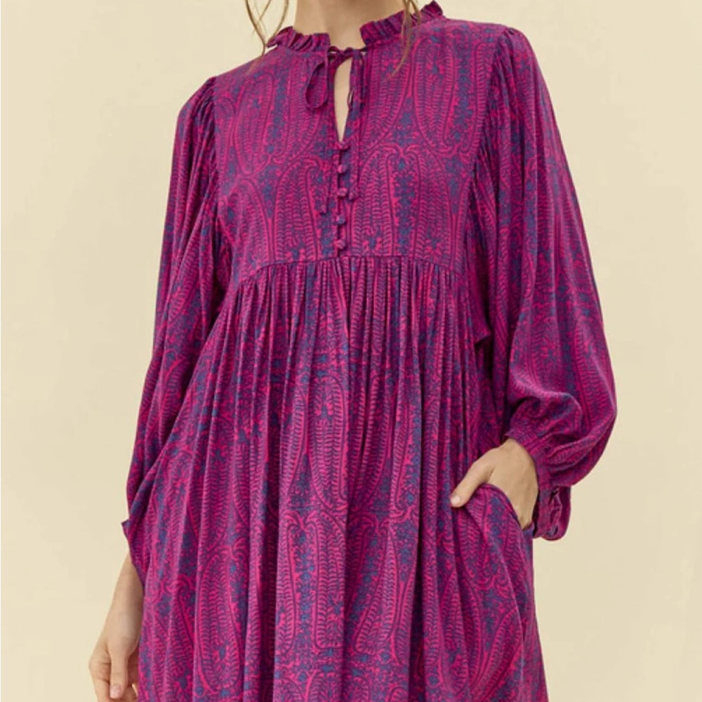 JODIFL Pink and Purple Mini Dress with Bishop Sleeves and Mandarin Collar